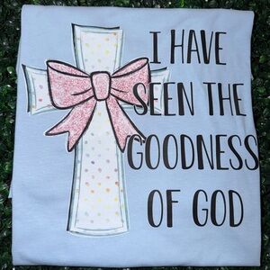 Gildan Light Blue Short Sleeve Tee with White Cross and Pink Bow